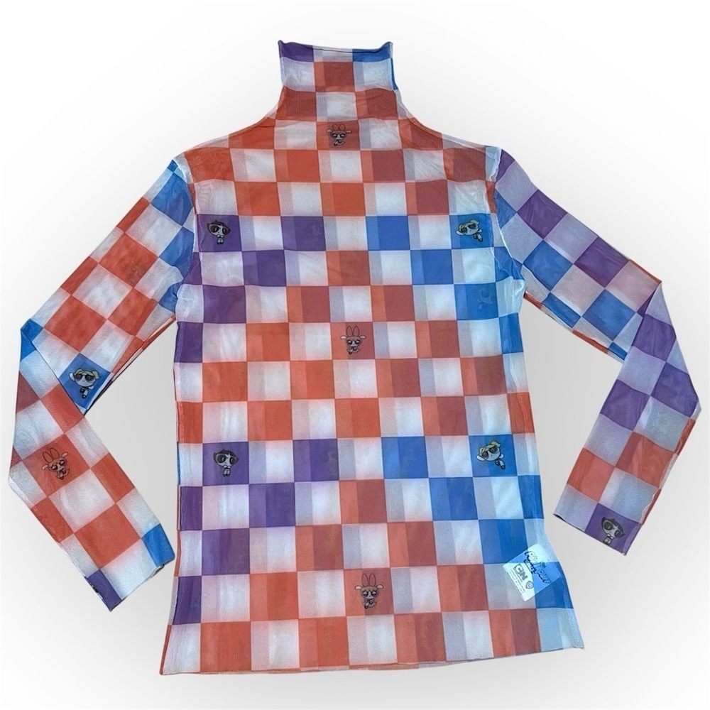 Powerpuff Girls checkered mesh turtleneck, long sleeve, Cartoon Network S-L